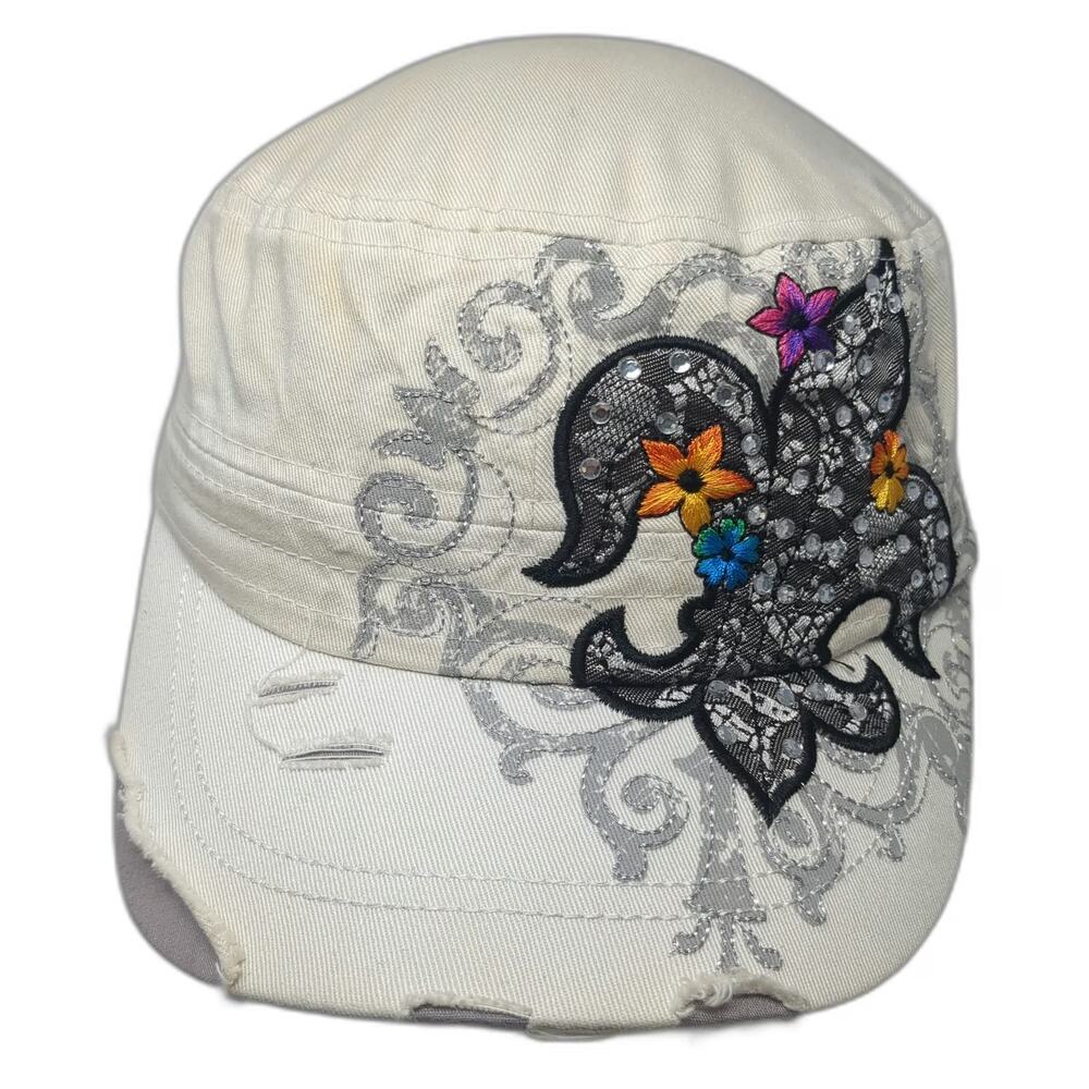 Olive & Pique Army Cap White One Size Fleur De Lis Lace Sequin Rhinestones Hat